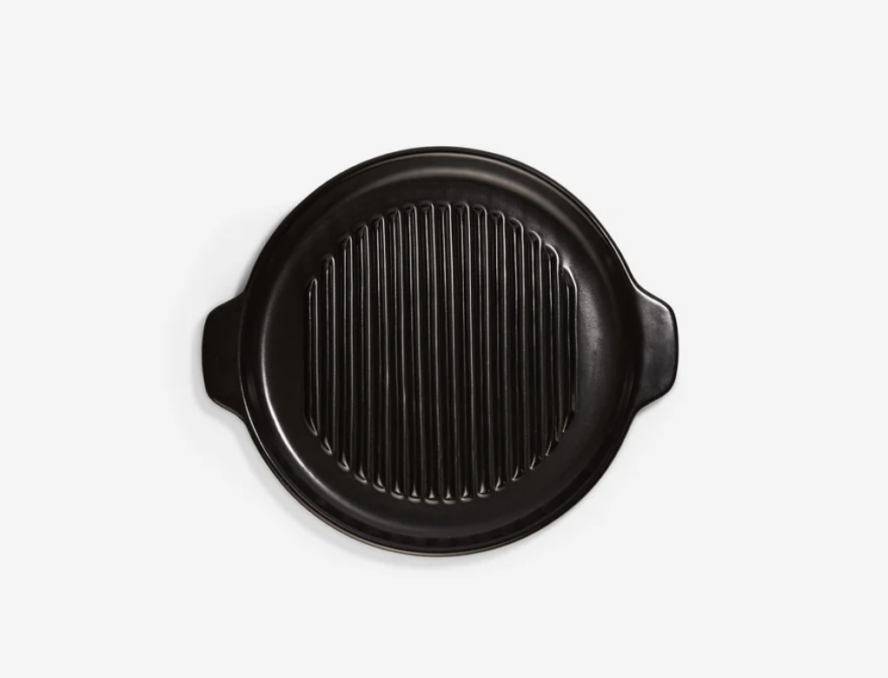 Image of Xtrema pure ceramic grill pan with grooves for searing. Reviews say that customers love it because you can use it on the stove, in the oven, or on the grill.